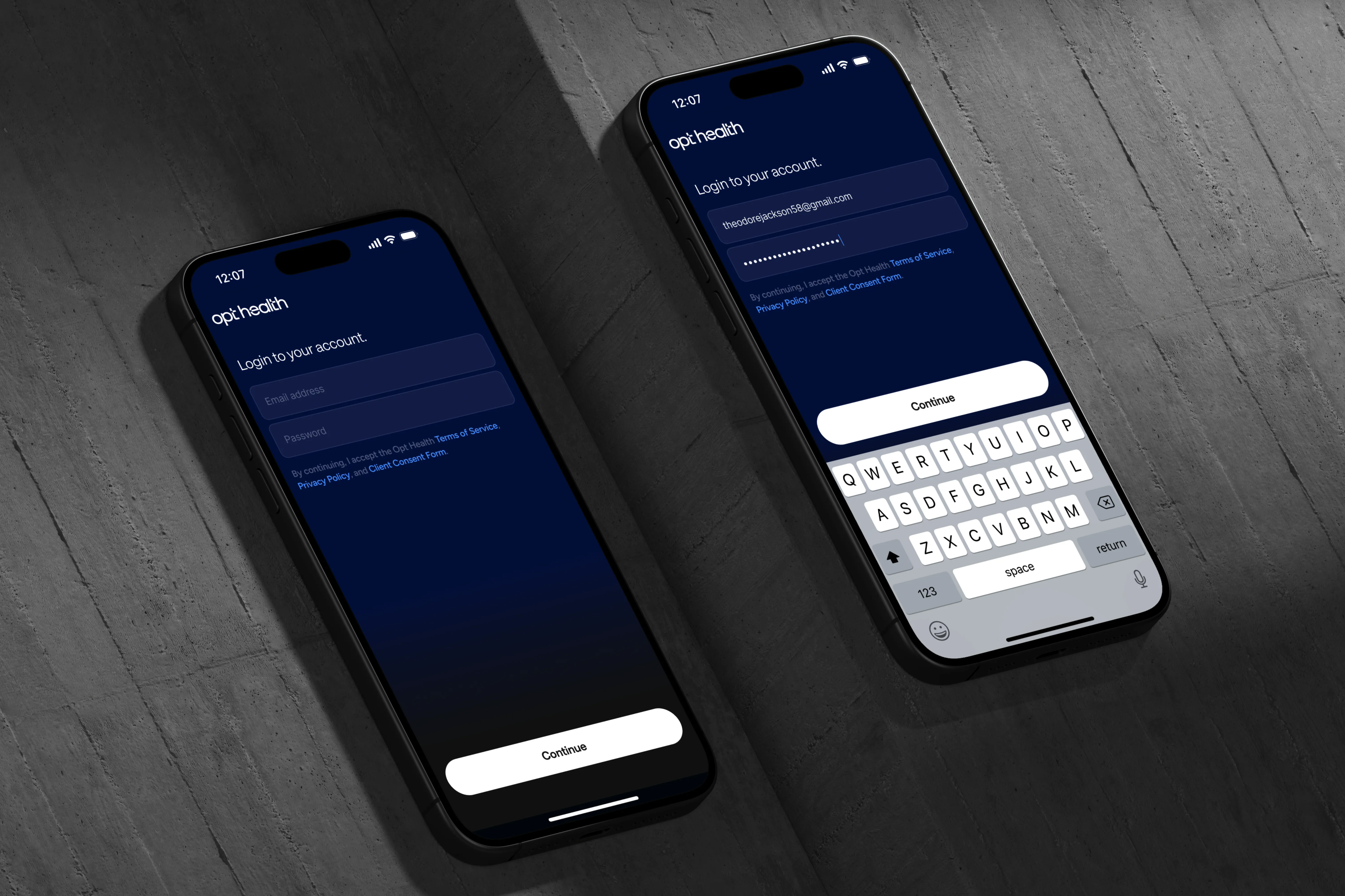 Two iPhone 16s displaying the Opt Health app login with email and password fields on a concrete surface.