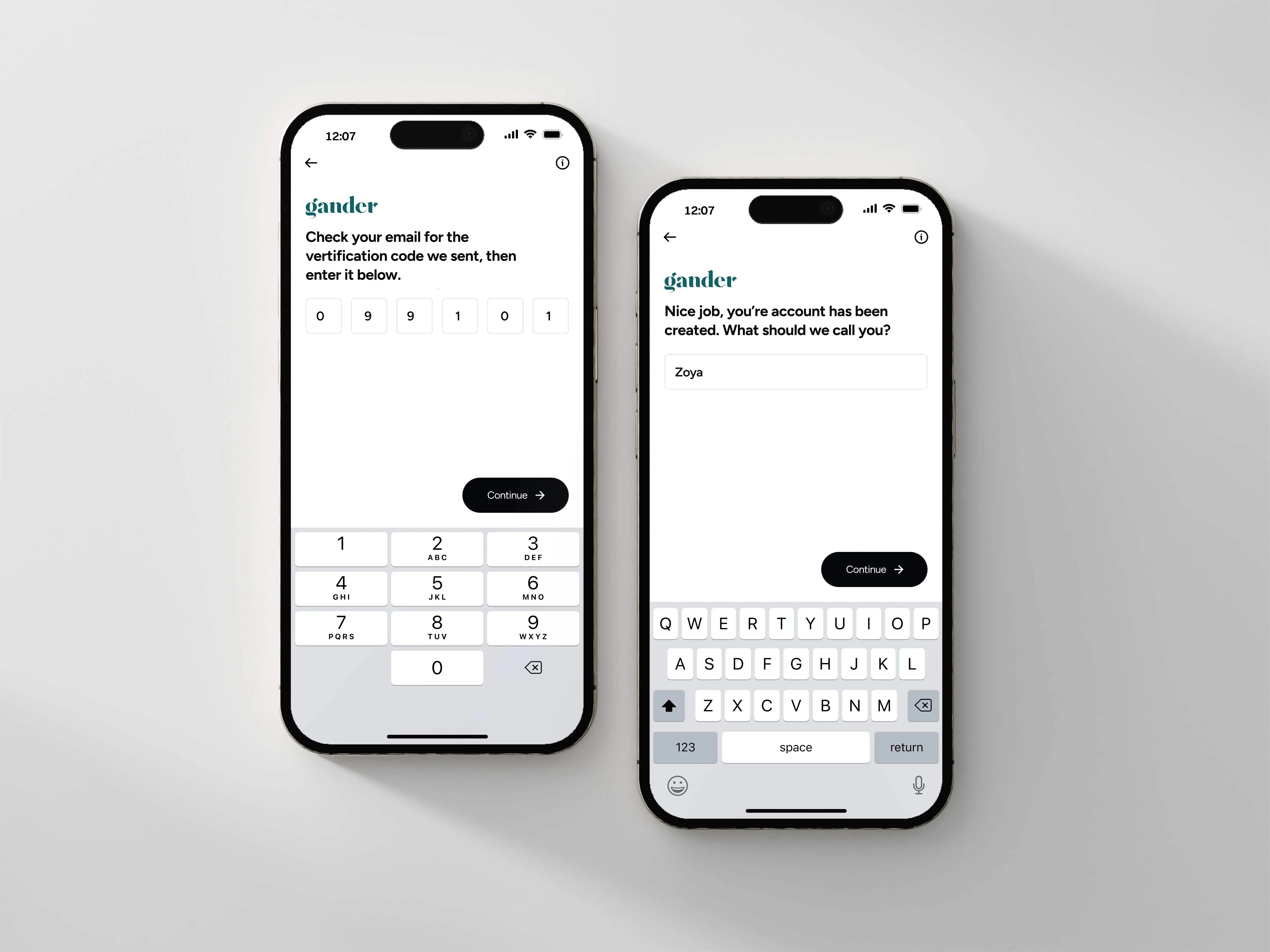Two iPhone 16s showing the Gander app screens for entering a verification code and creating a user name.