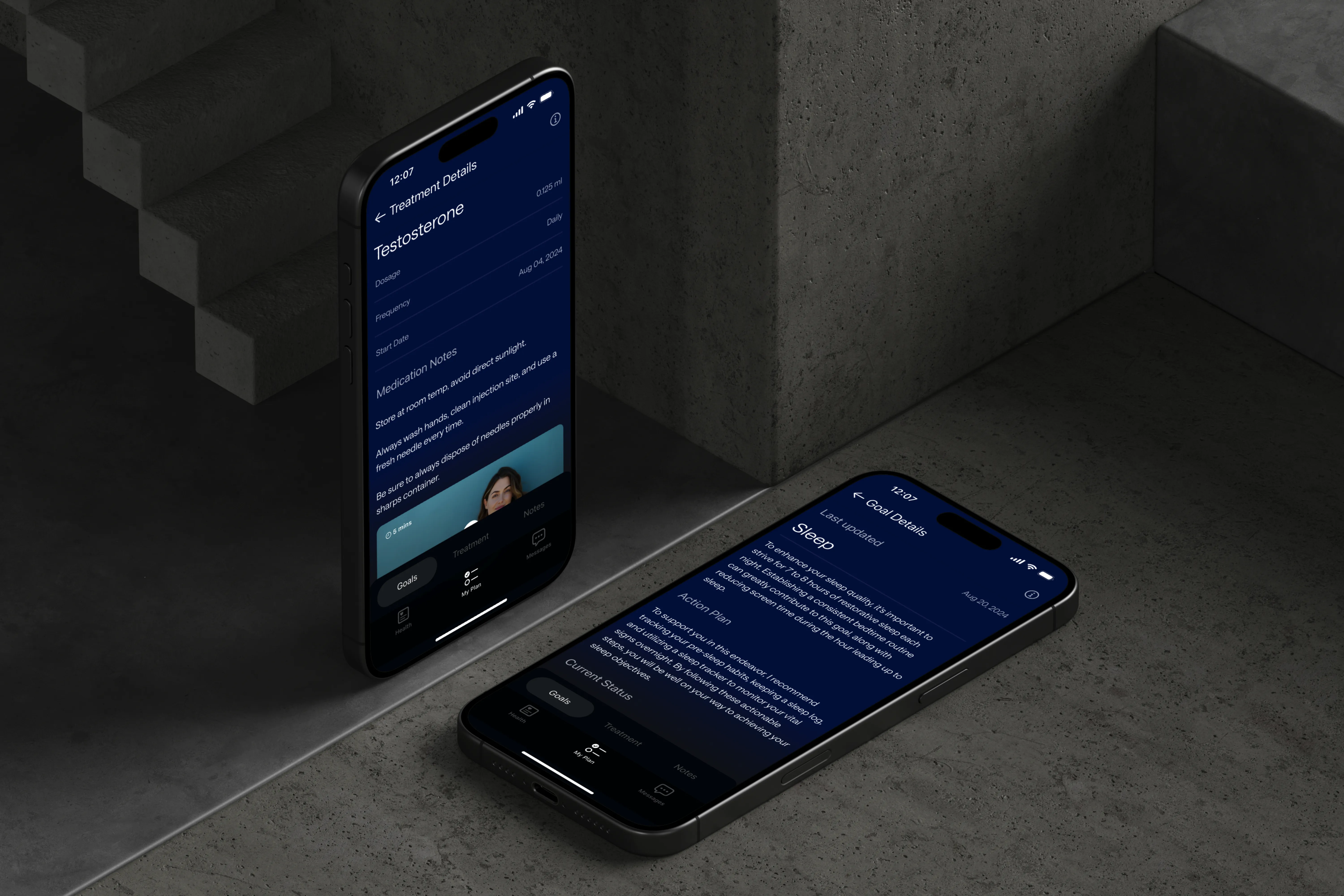 Two iPhone 16s displaying the Opt Health app showing treatment details for Testosterone and a sleep goal plan.