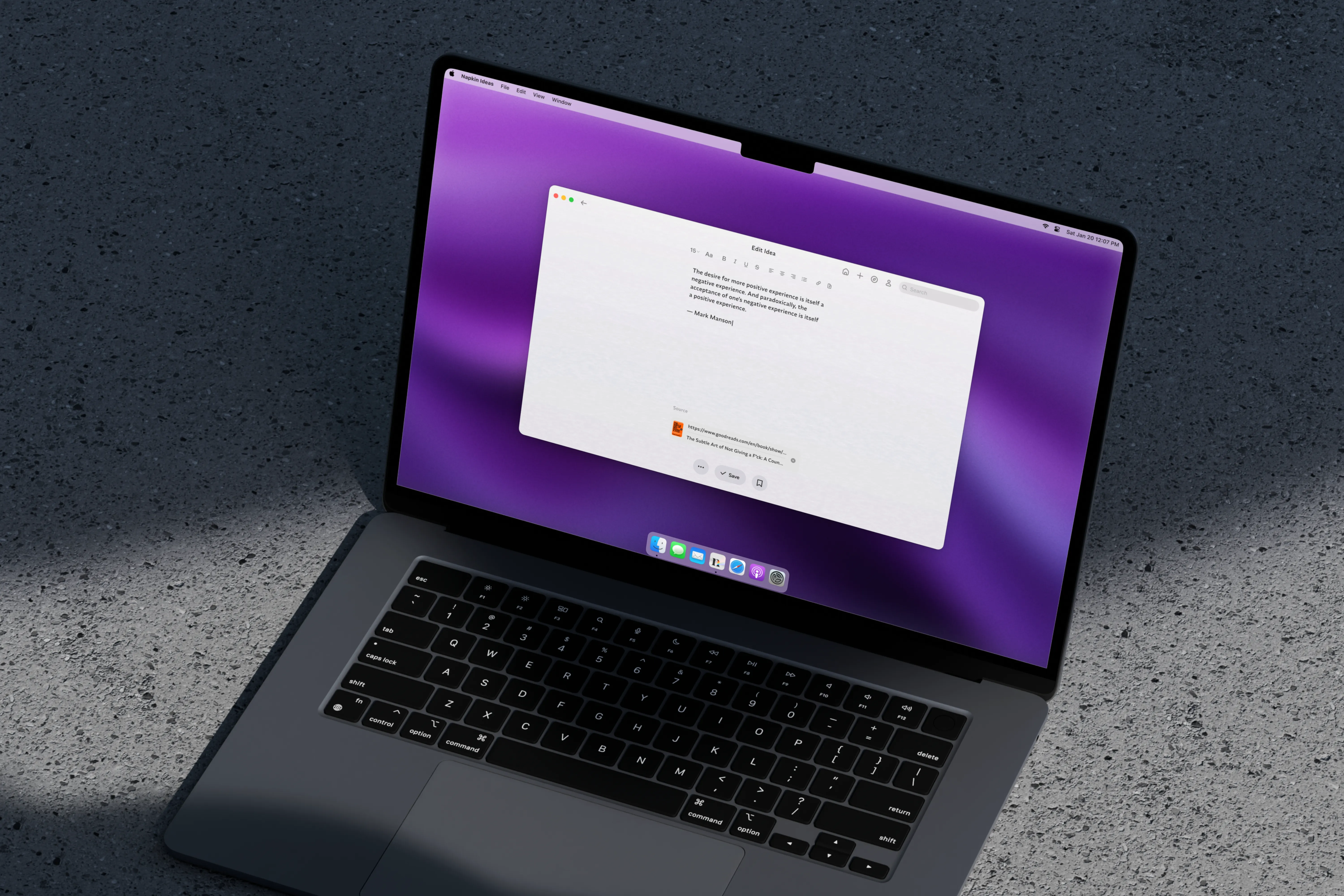 A M4 MacBook Pro displays the Napkin app "Capture/Edit Note" screen with a text note on a purple desktop background.