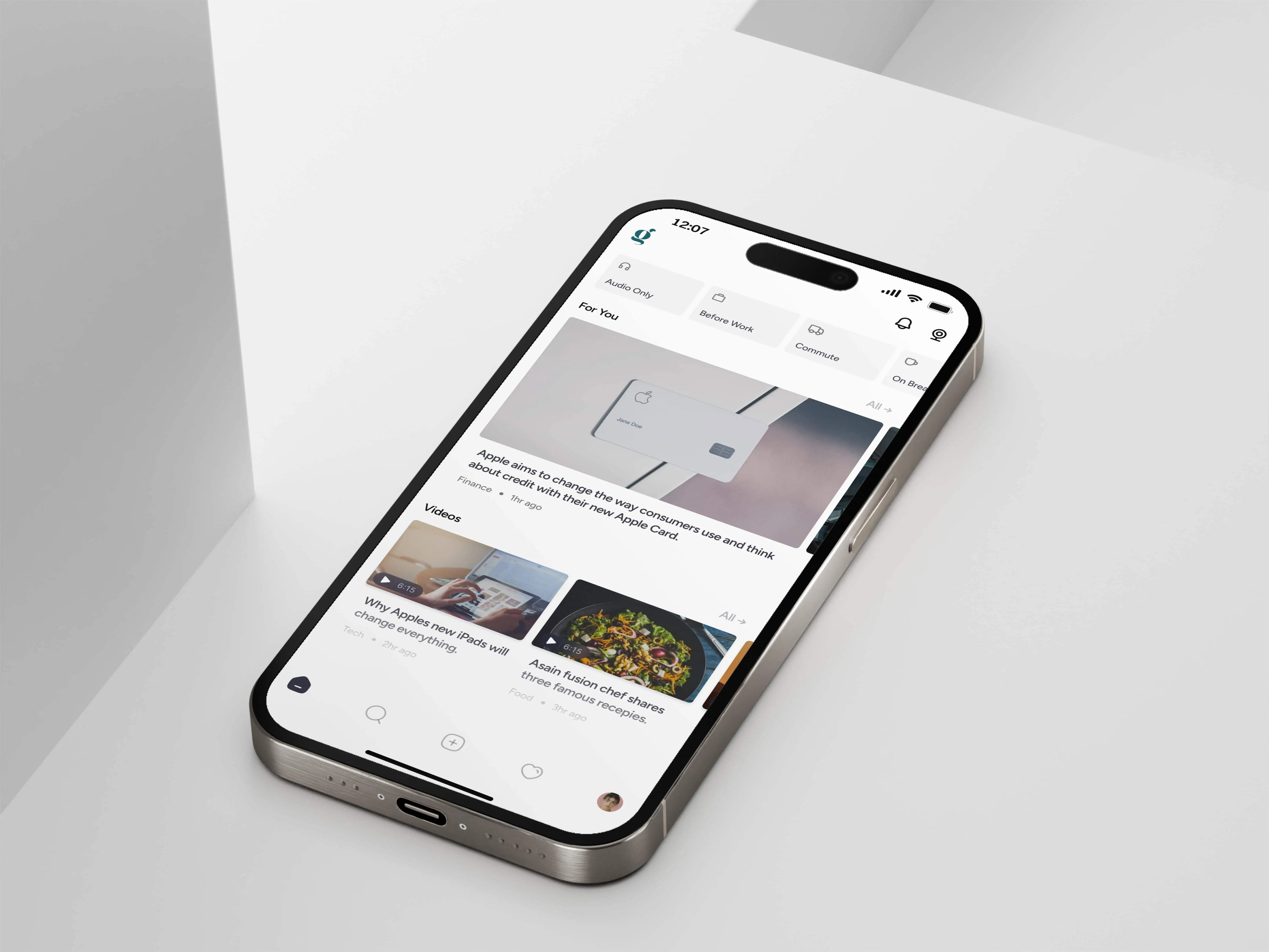 iPhone 16 displaying the Gander app with curated news articles and videos.