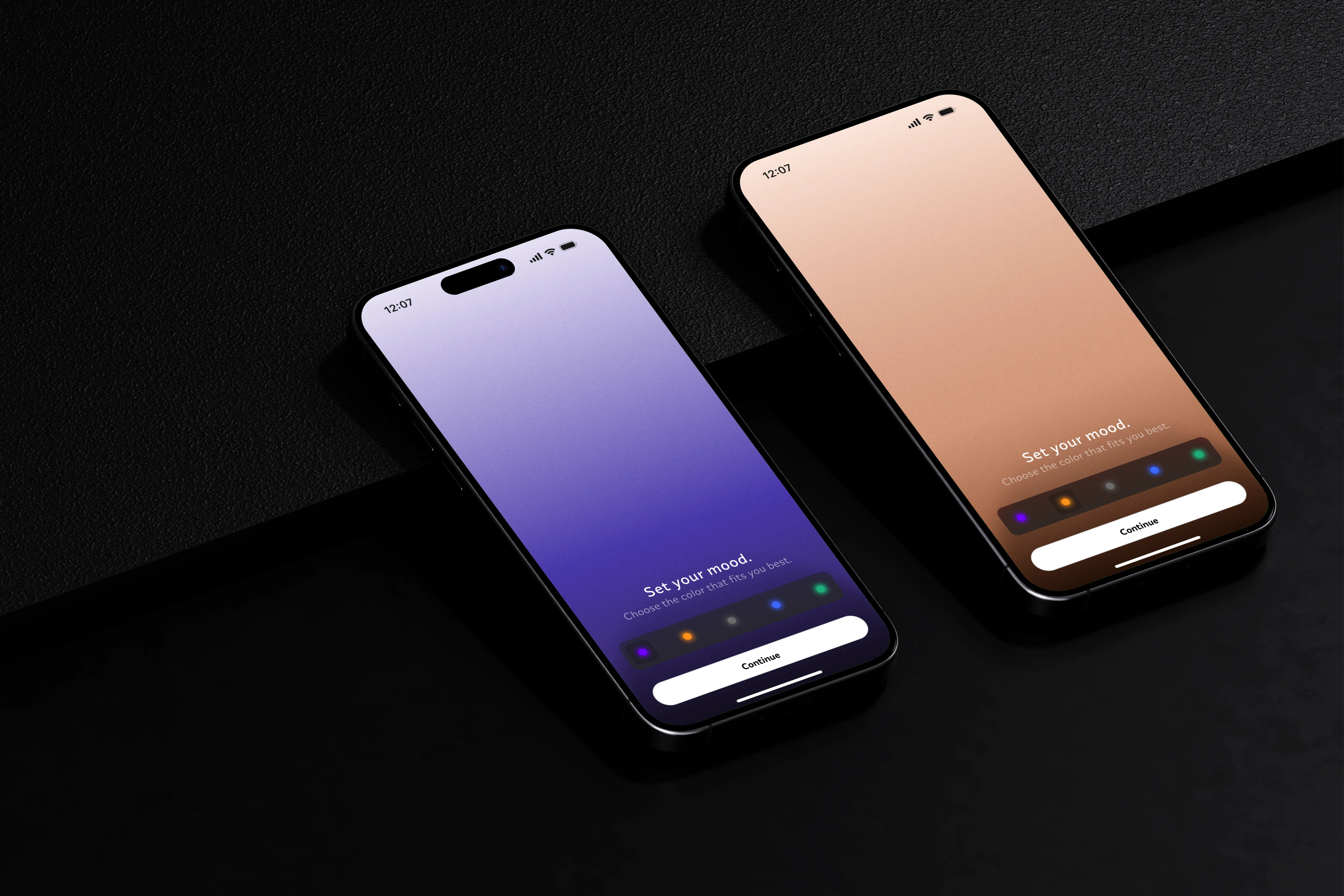 Two iPhone 16 side by side display the Napkin apps mood-setting screen with color options and a "Continue" button.