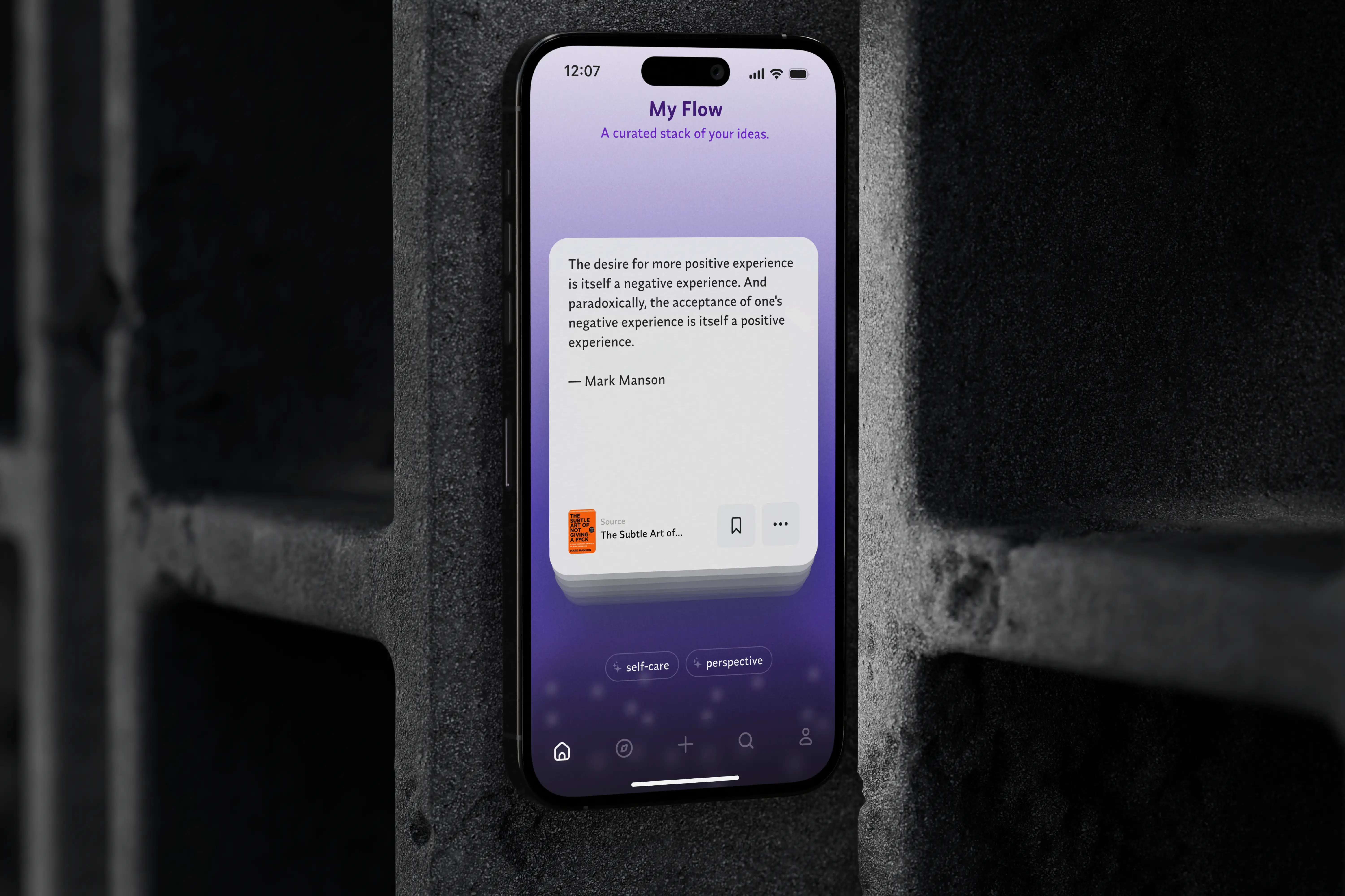 iPhone 16 displaying Napkin app "My Flow" with a quote card on top of card stack against a purple gradient background.