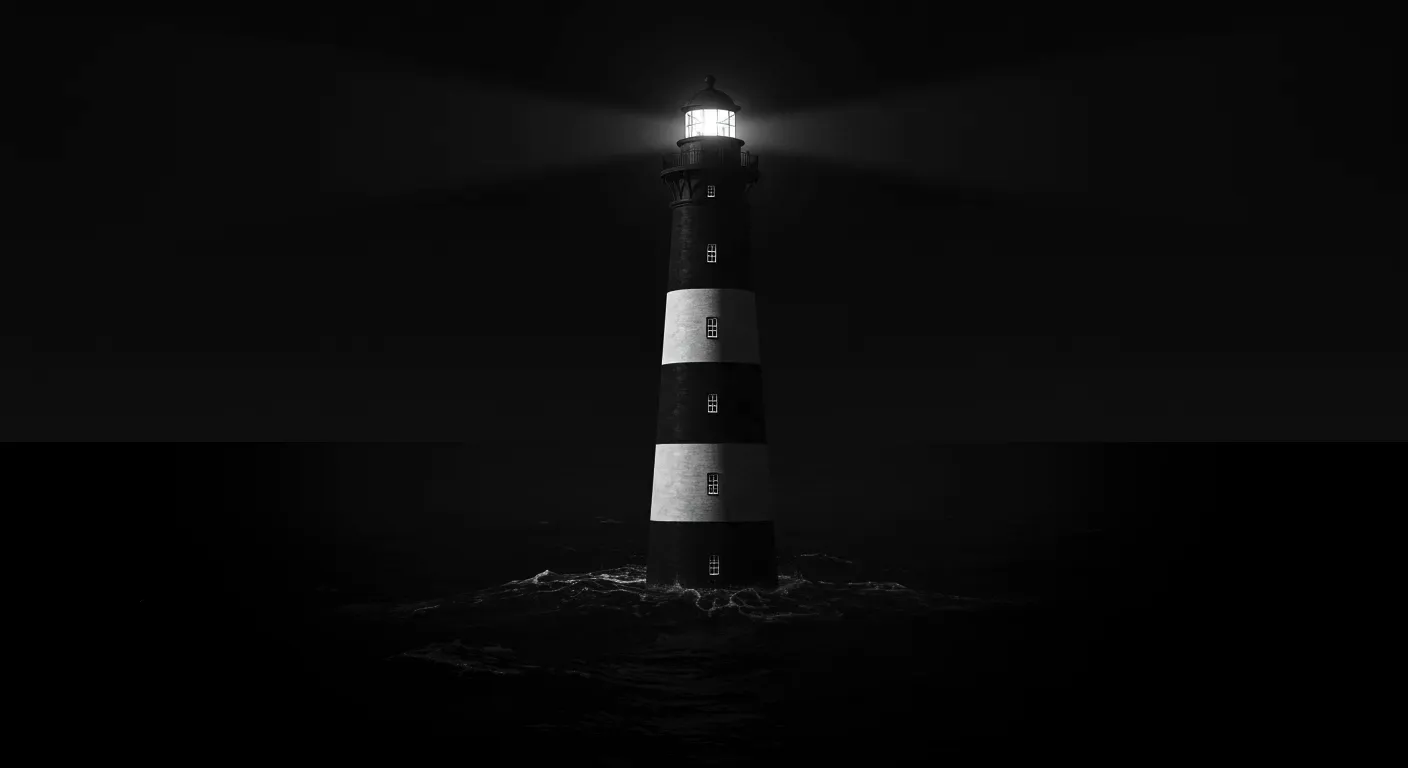 A black and white striped lighthouse shines its light over dark, turbulent ocean waters at night.