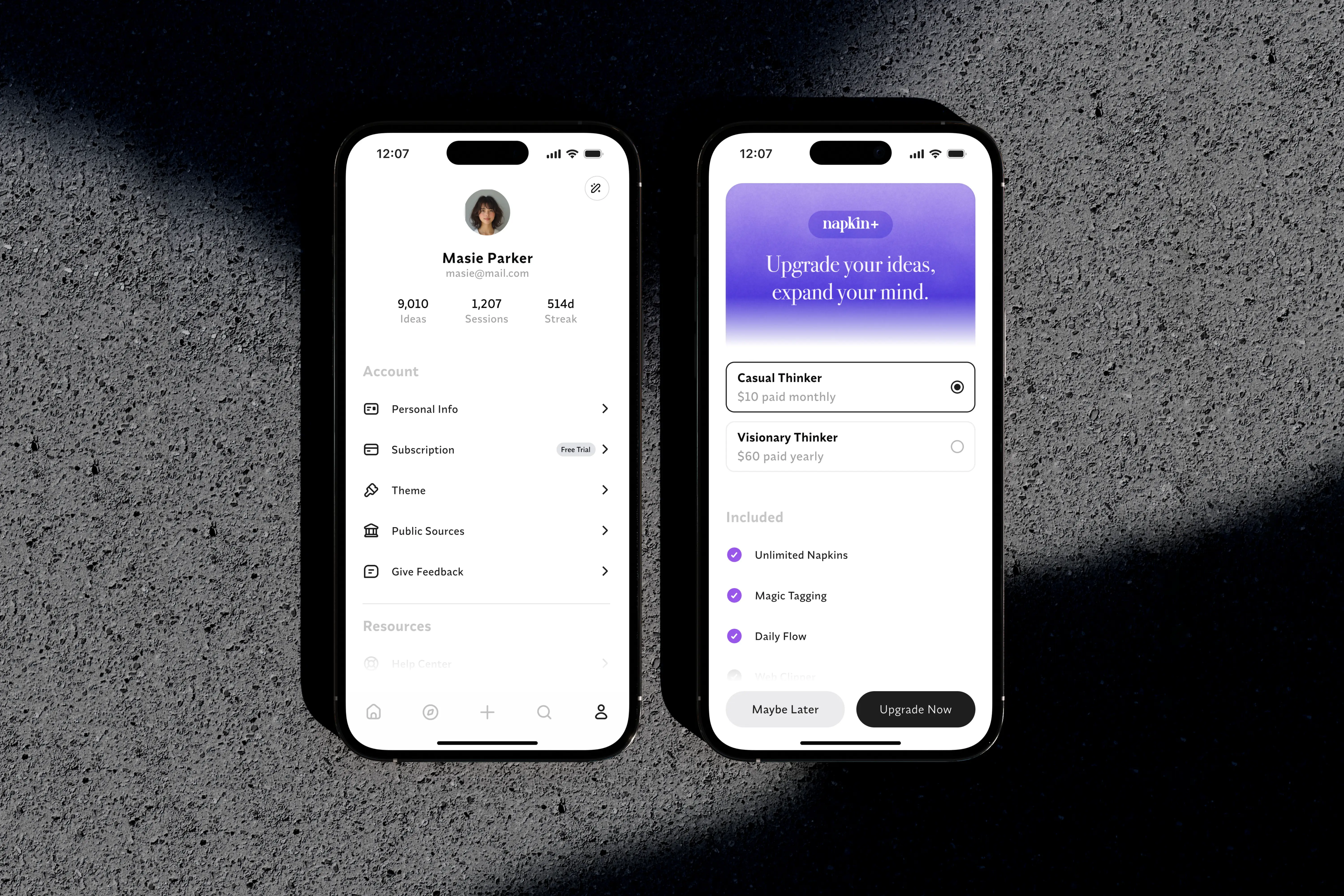 Two iPhone 16s displaying the Napkin app. One shows user profile and settings, the other subscription upgrade options.