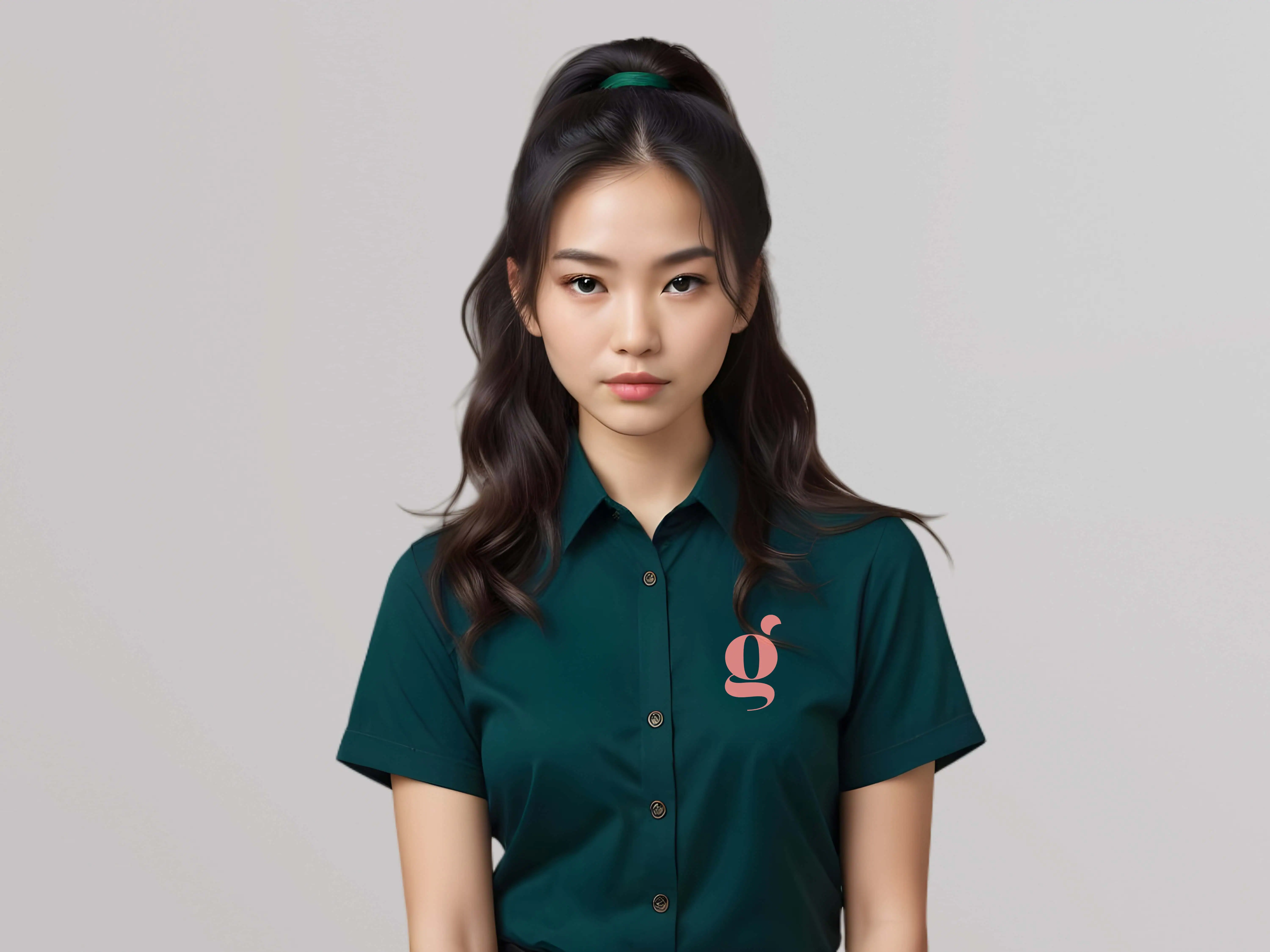 Young woman with long dark hair in a green shirt featuring a living coral color stylized Gander "G" logo mark.
