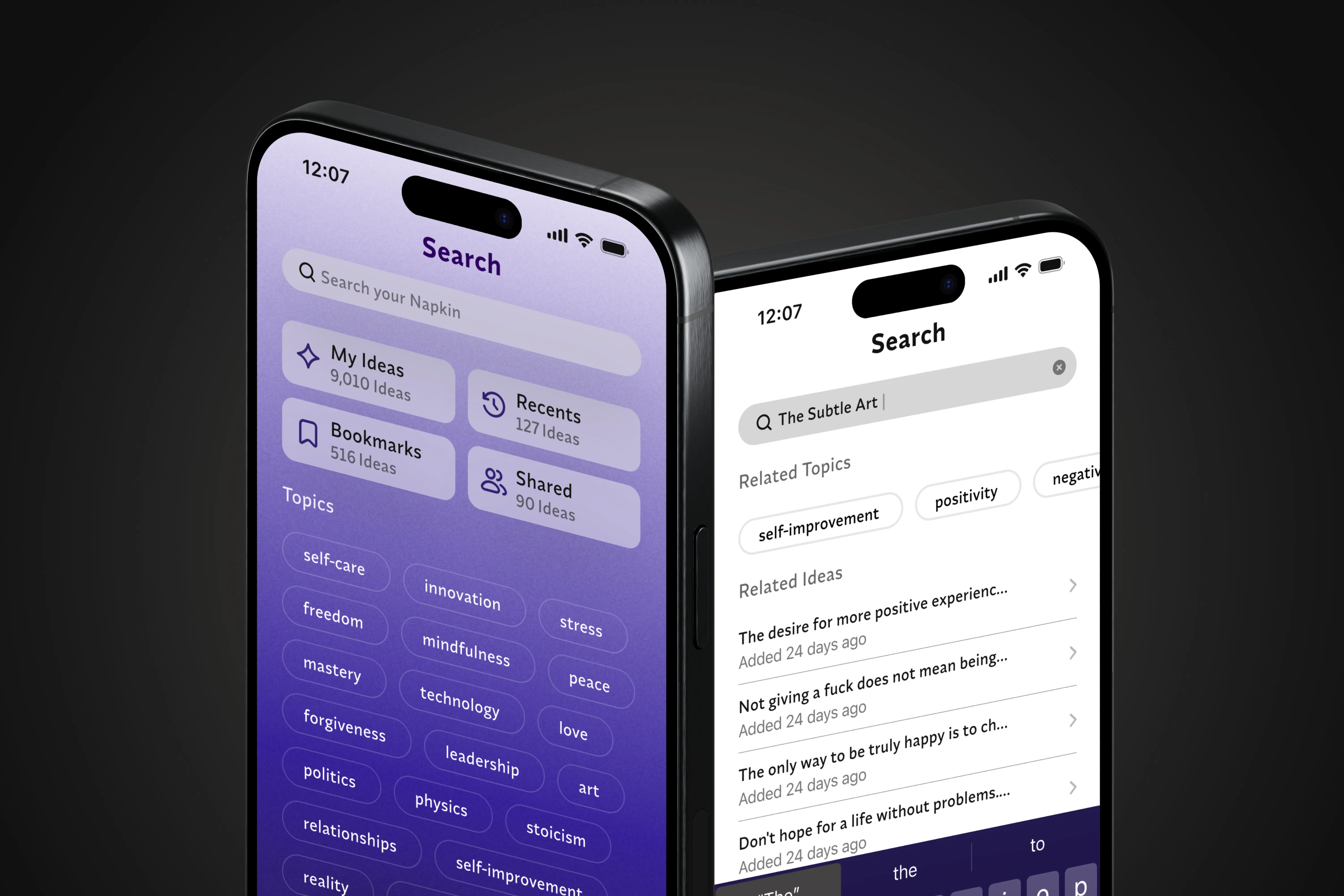 Two iPhone 16s displaying the Napkin app’s search interface with idea categories and related search results.