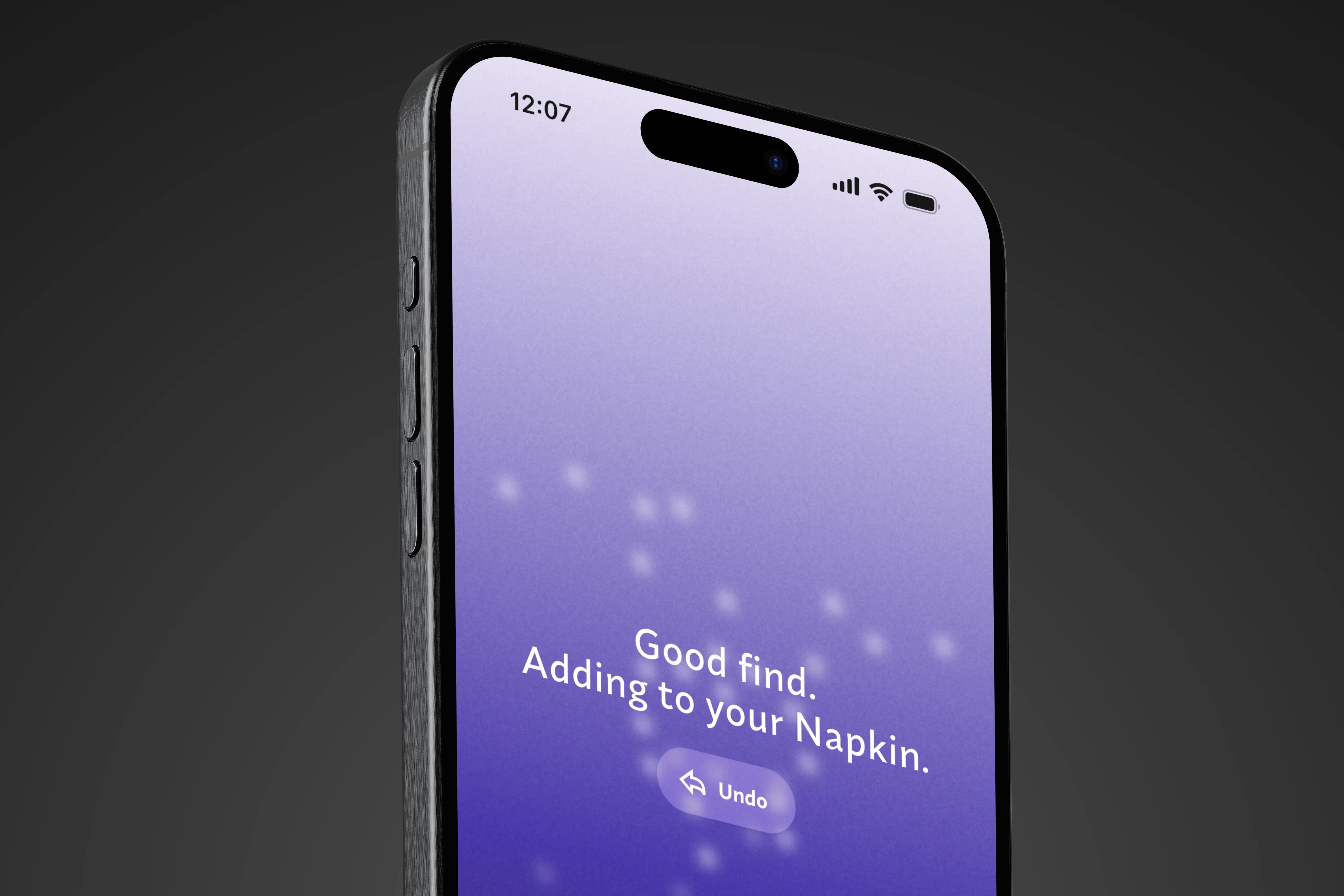iPhone 16s screen showing Napkin app "Add to Napkin" screen from iOS share with message, "Good find. Adding to your Napkin," and an Undo button.