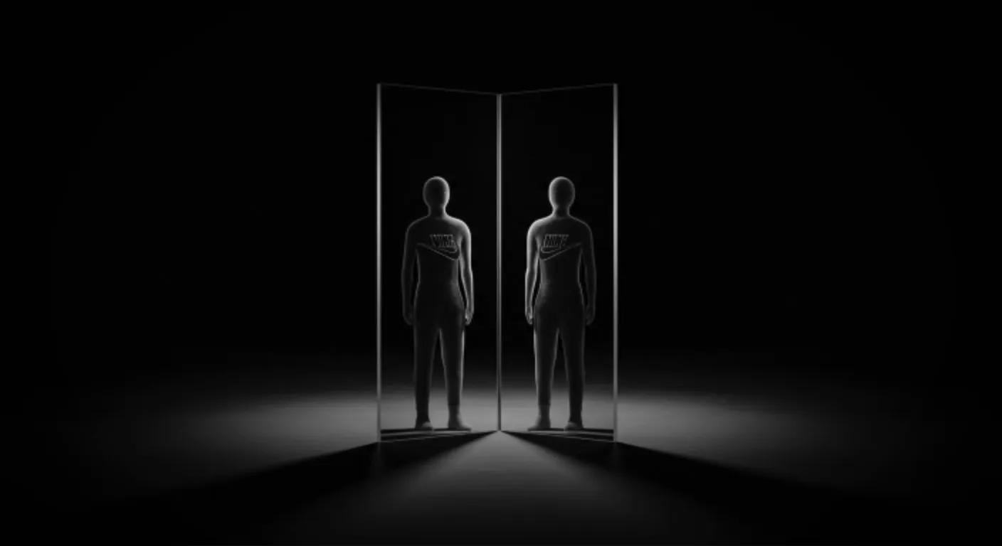 A silhouette stands between two angled mirrors reflecting a Nike logo on the chest.