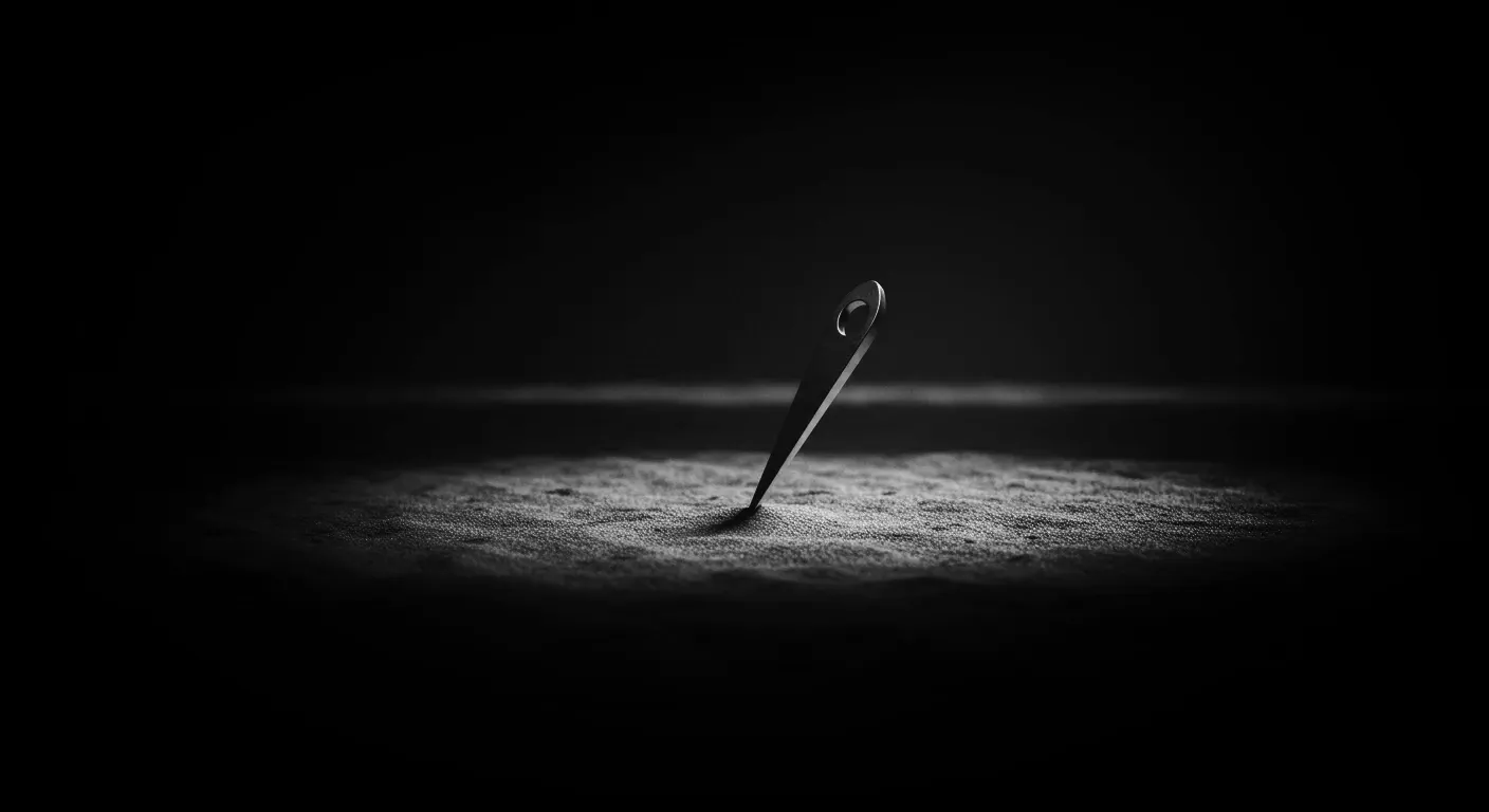 A single compass needle stands upright, casting a shadow on a textured surface in low light.