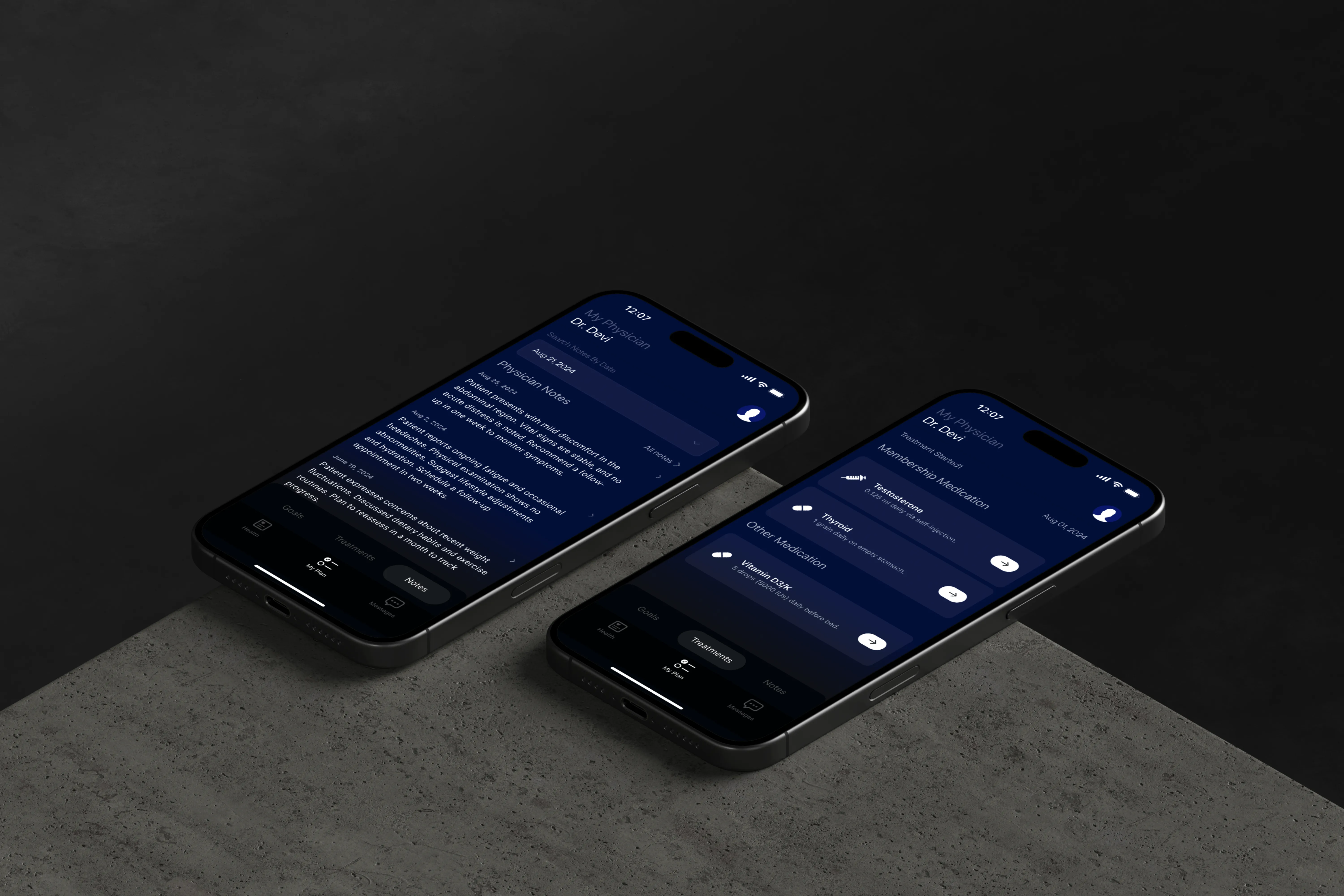 Two iPhone 16s displaying Opt Health app showing physician notes and medication details.