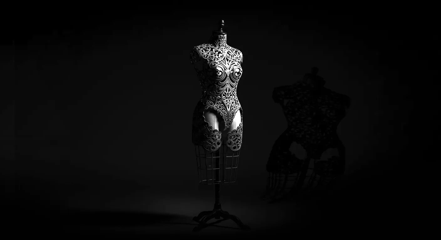 A decorative dress form with intricate lace patterns is spotlighted against a dark background.