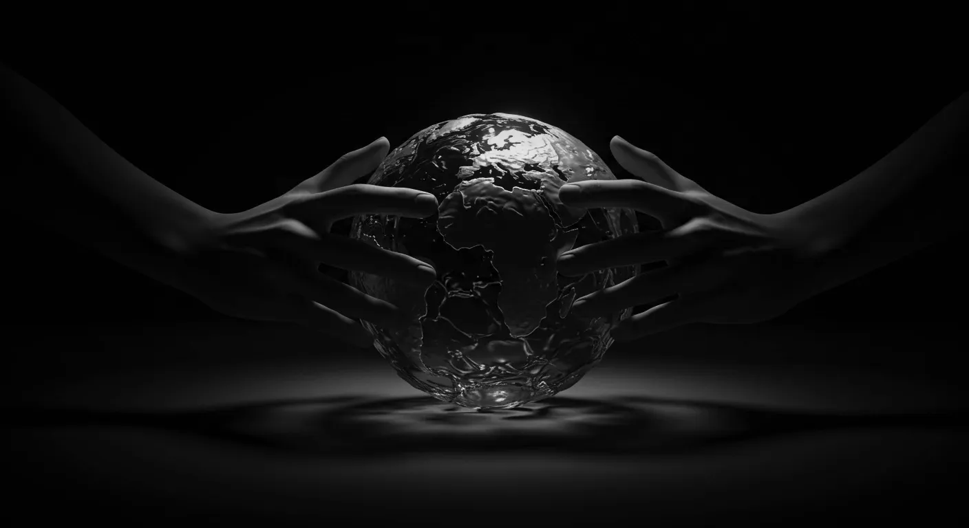 Two hands gently hold a translucent globe with visible continents, set against a dark background.