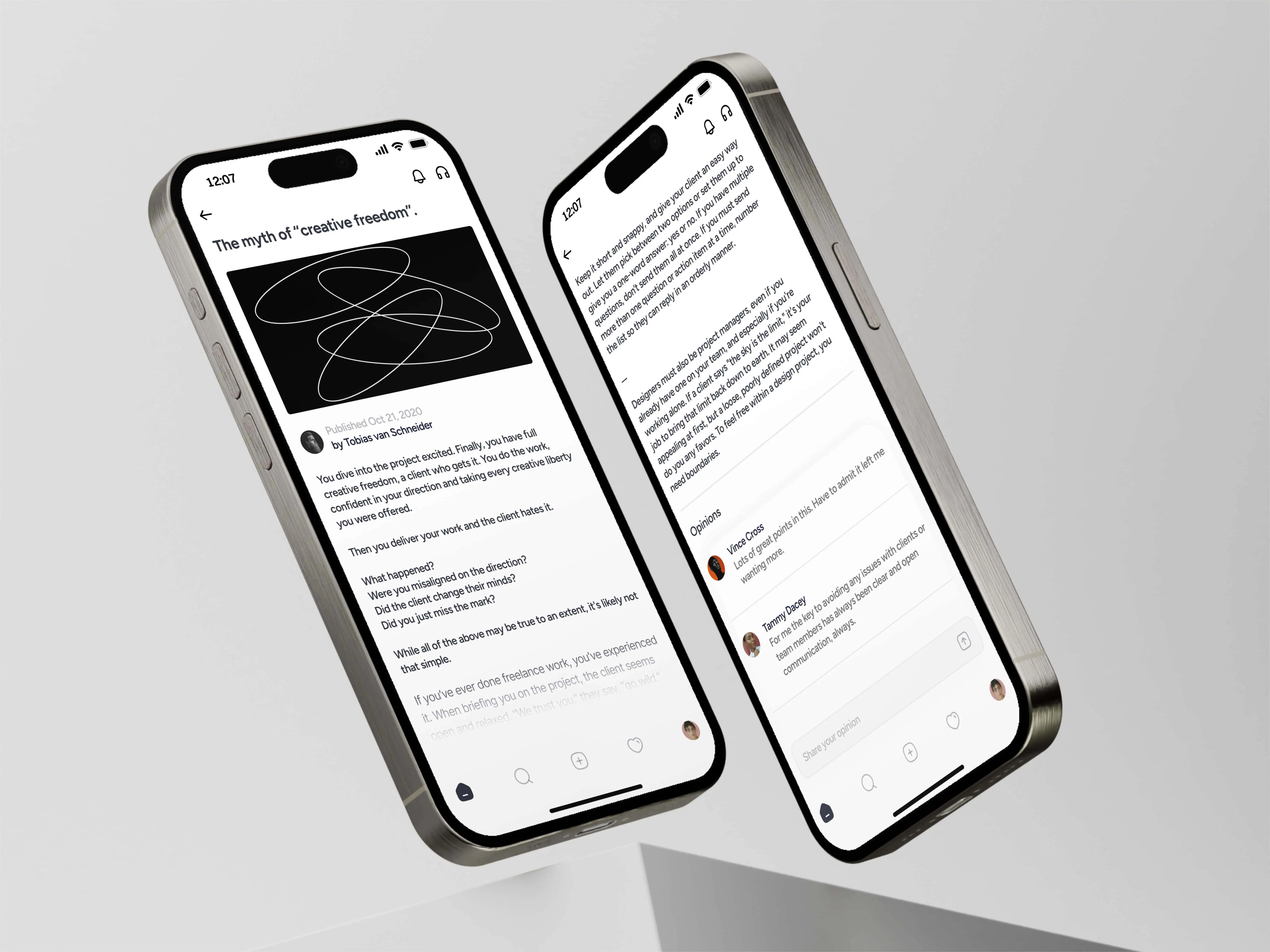 Two iPhone 16s displaying the Gander app showing an minimalist article reader view and user comments.