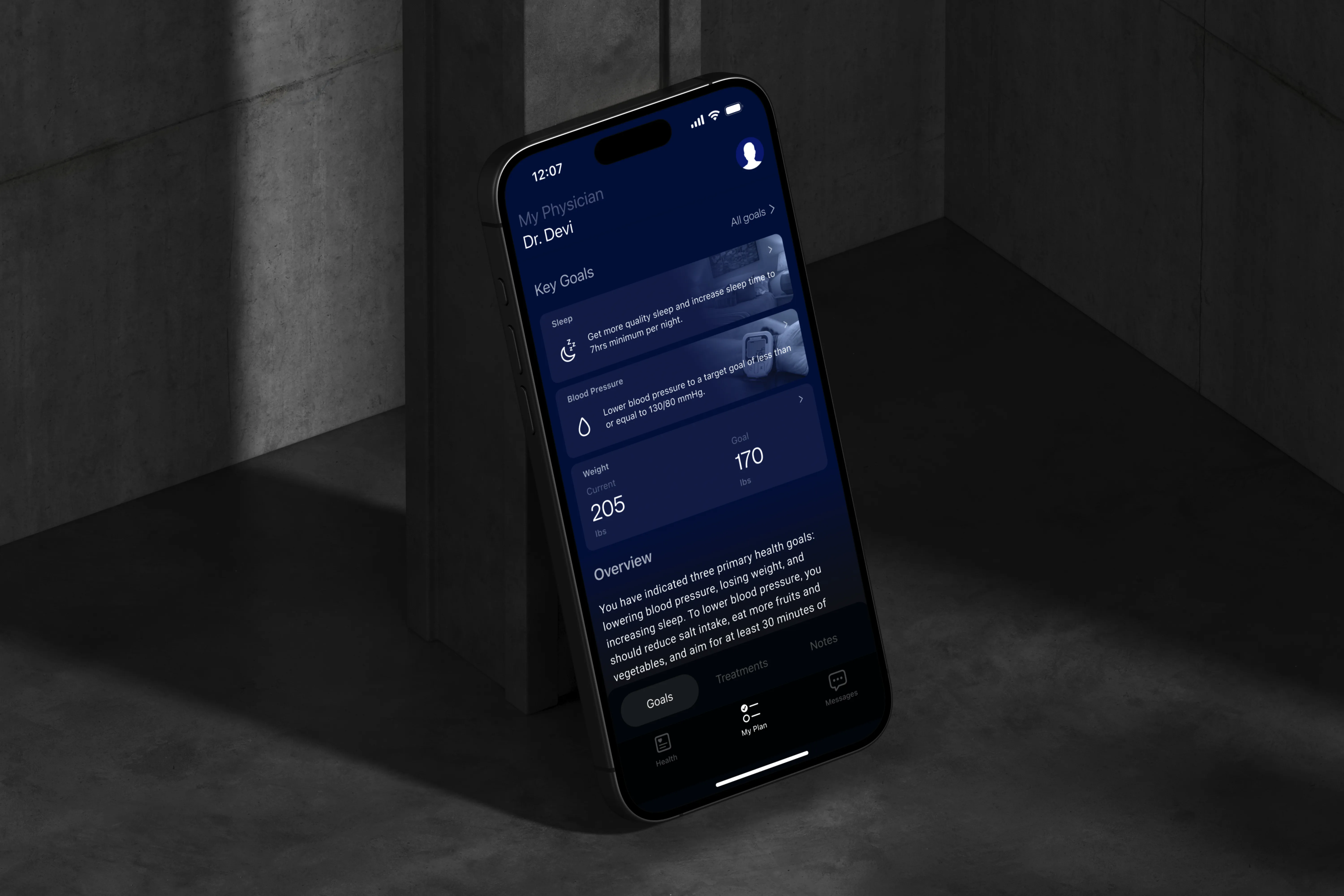 iPhone 16 displaying Opt Health app with personalized health goals for sleep, blood pressure, and weight.